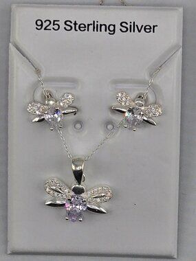 925 Sterling Silver Dragonfly CZ Pendant Necklace & Stud Earring Set L